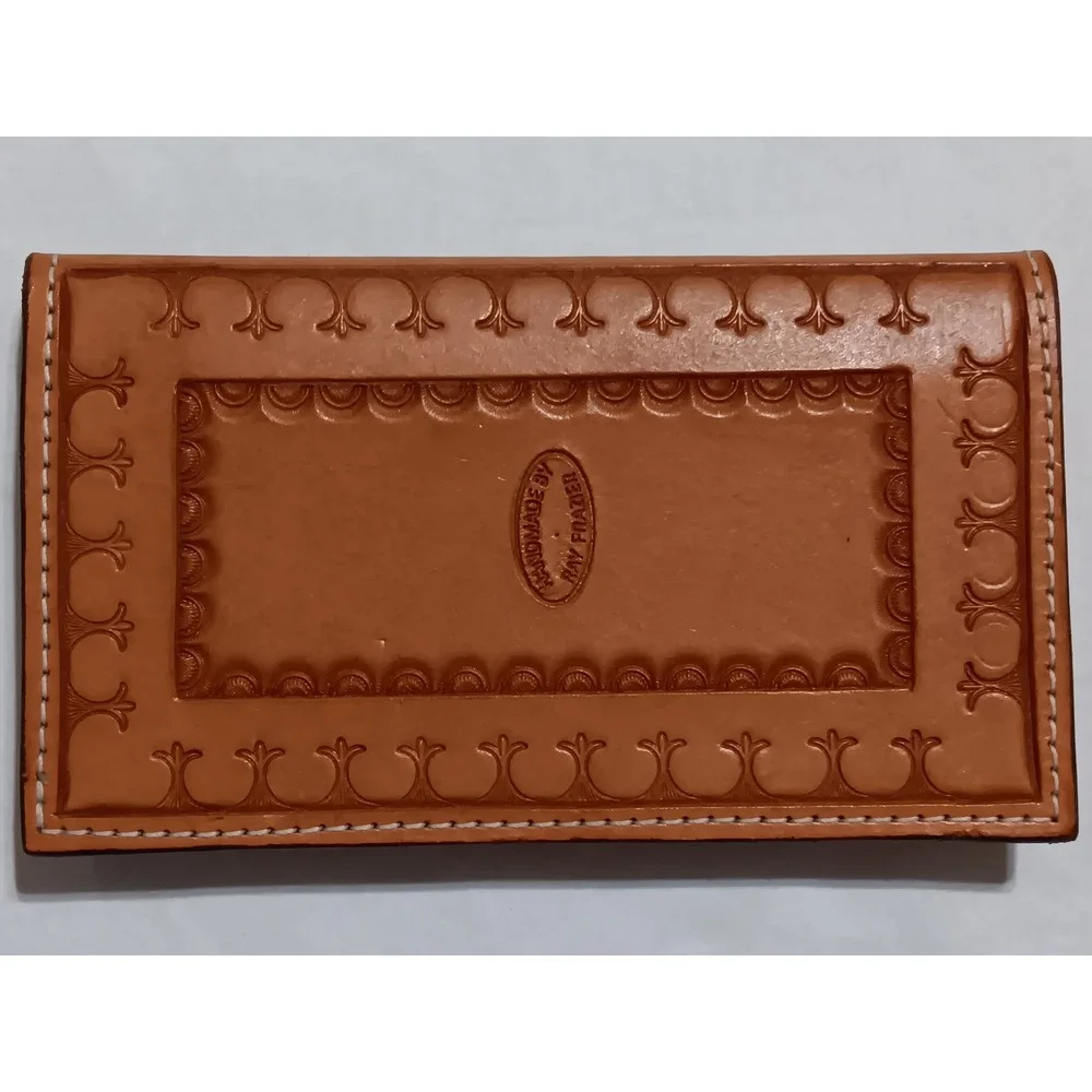 Ray Frazier Handmade Tooled Leather Basketweave Western Bifold Wallet Tan Brown